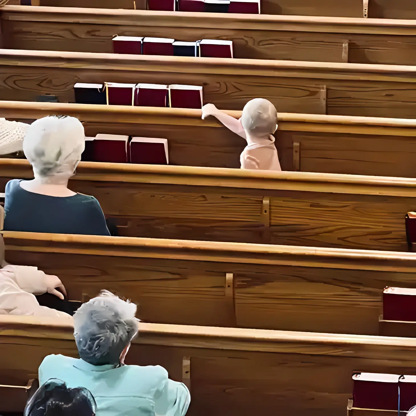 Baby reaching for book in pews