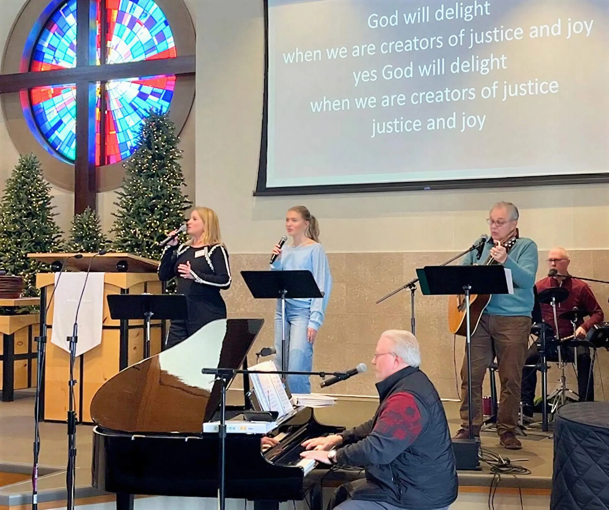 Worship band playing in a church