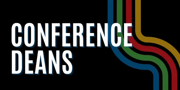 Bold text with multicolored curved lines