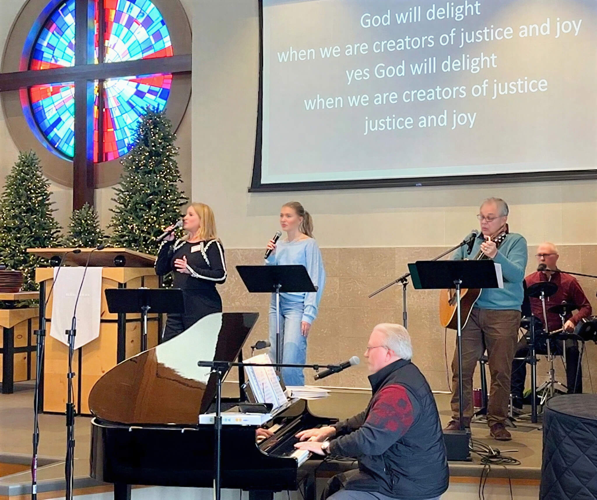 Worship band playing in a church