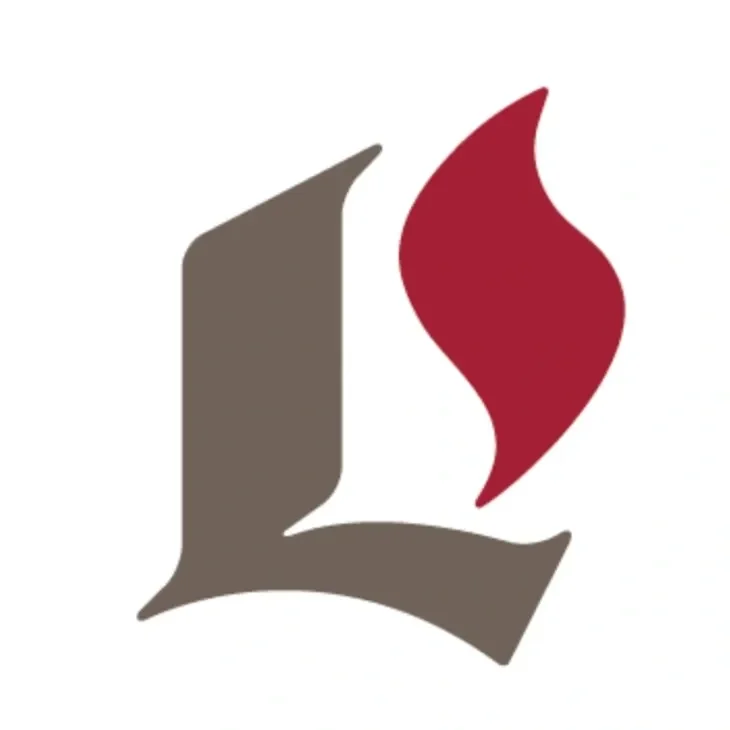 Stylized "L" with red flame design